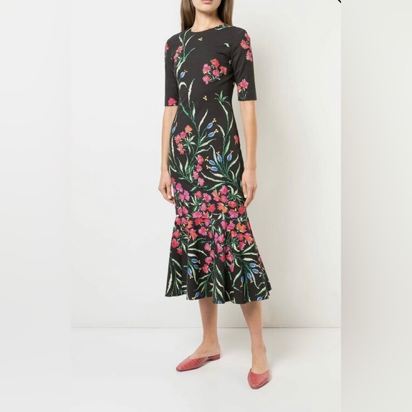 Carolina Herrera Floral Stretch Cotton Faille Cocktail Midi Dress Size 4 $1990